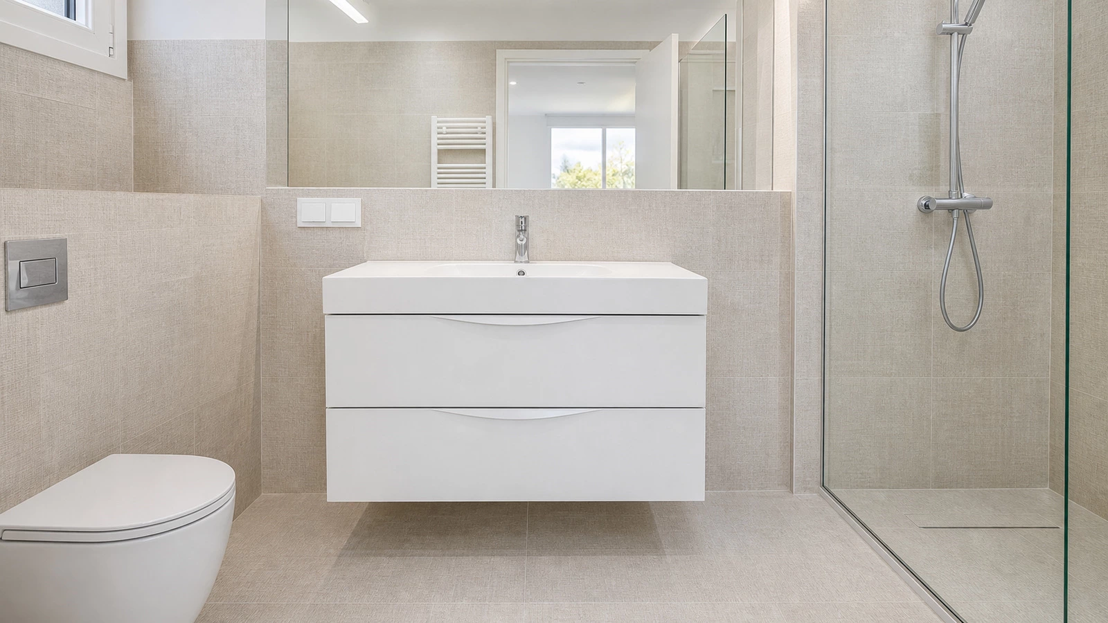 White bathroom vanity detail with a linen-colored wall finish