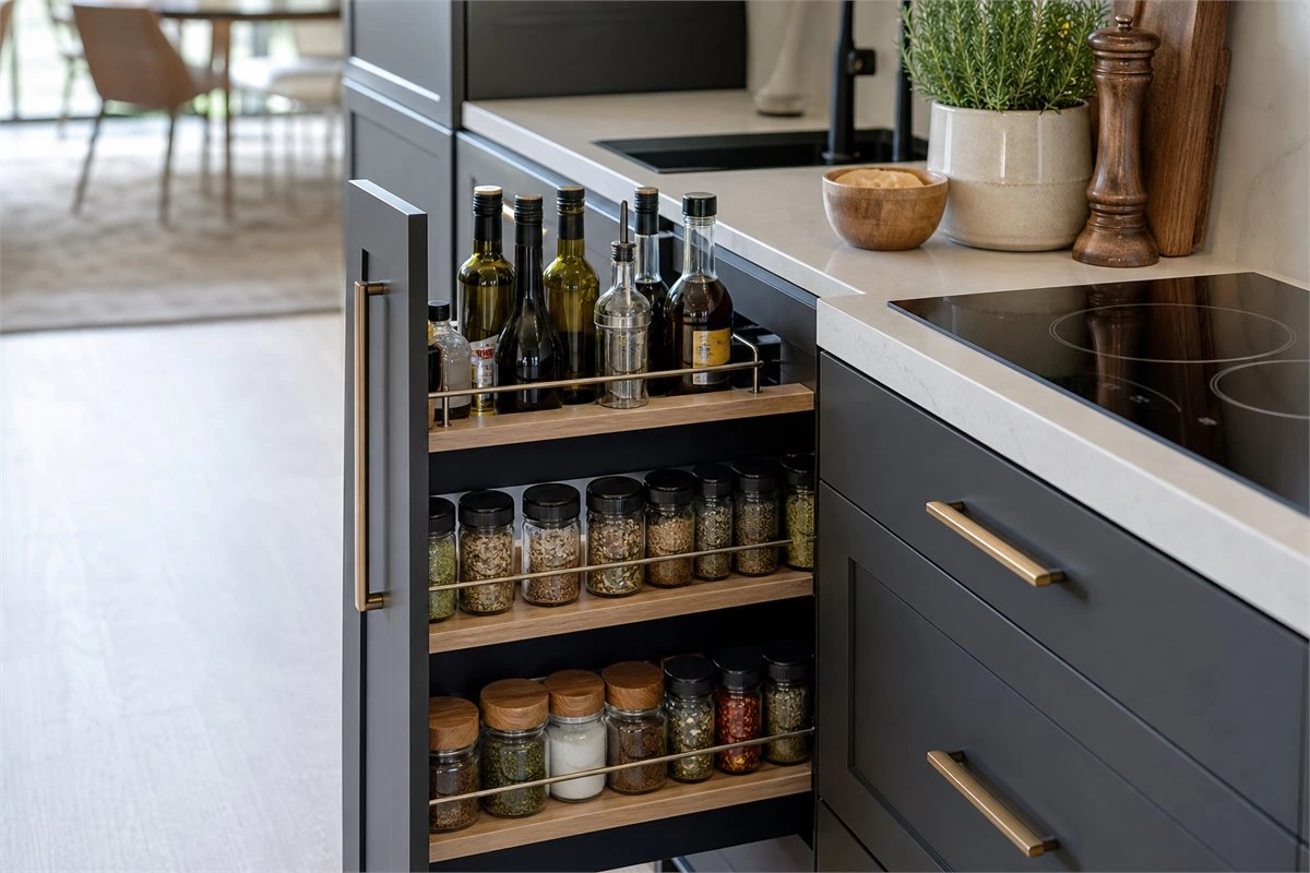 Narrow pull-out spice rack beside cooktop in a custom kitchen cabinet