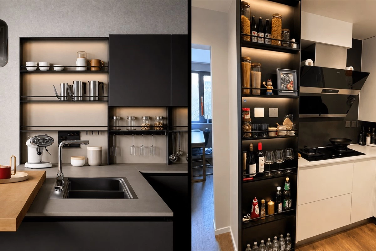 Shallow kitchen cabinet organization for everyday items