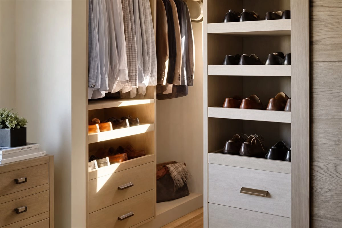 L-shaped walk-in closet bedroom layout with custom corner wardrobe storage