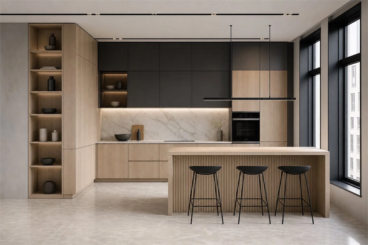 Solid Wood Tall Cabinet and Stone Kitchen Design Solid wood tall cabinets in an integrated kitchen with stone surfaces