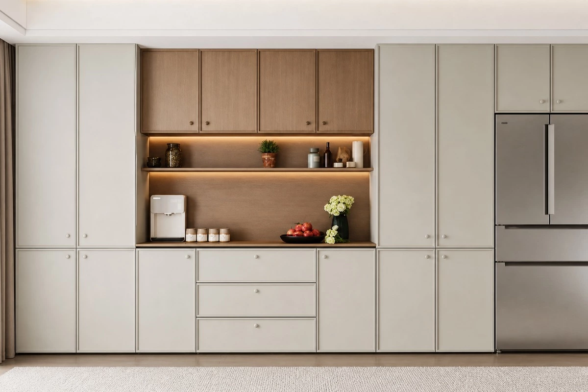 Staggered cabinet arrangement with integrated ambient lighting