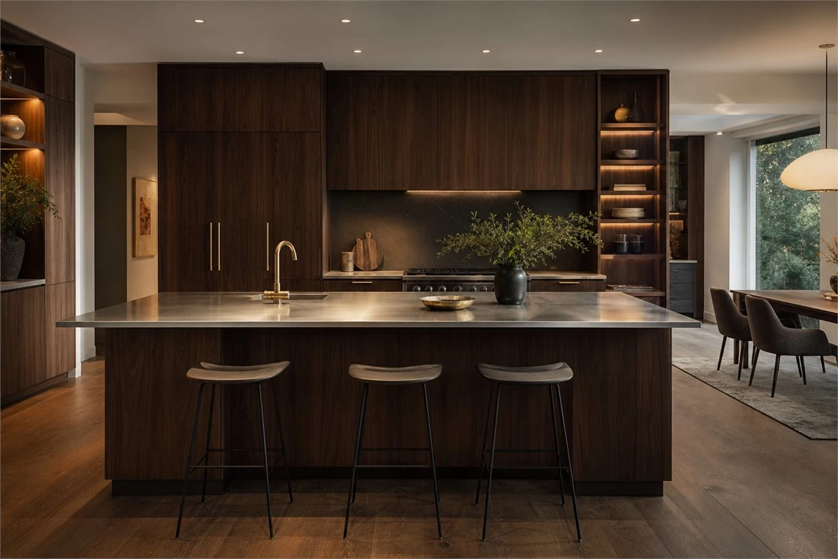 Thin stainless steel kitchen island countertop with dark wood cabinets