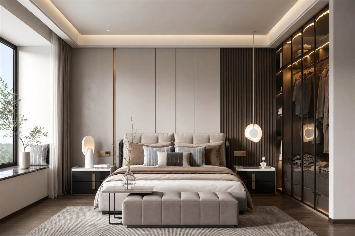 Tinted glass door bedroom wardrobe with a visually open design