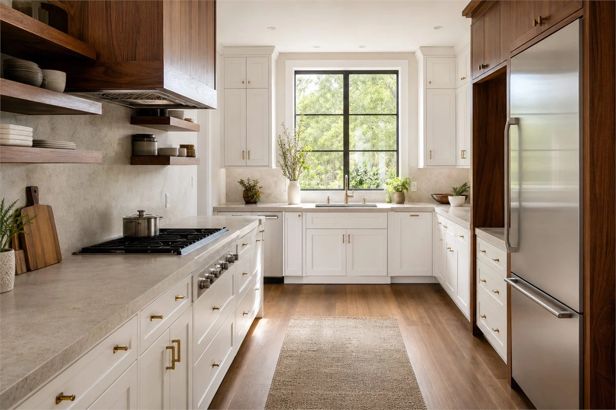 U-shaped kitchen with balanced work triangle and clear aisle