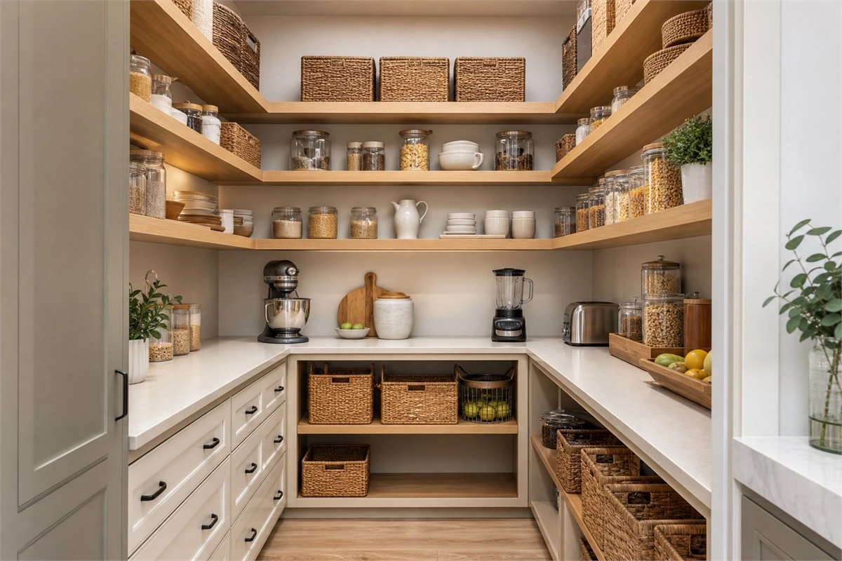 Walk-in kitchen pantry with open shelf storage for dry goods and small appliances