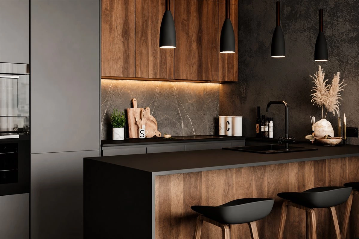 Warm wood and black modern kitchen Warm wood veneer modern kitchen with black cabinets and dark countertop