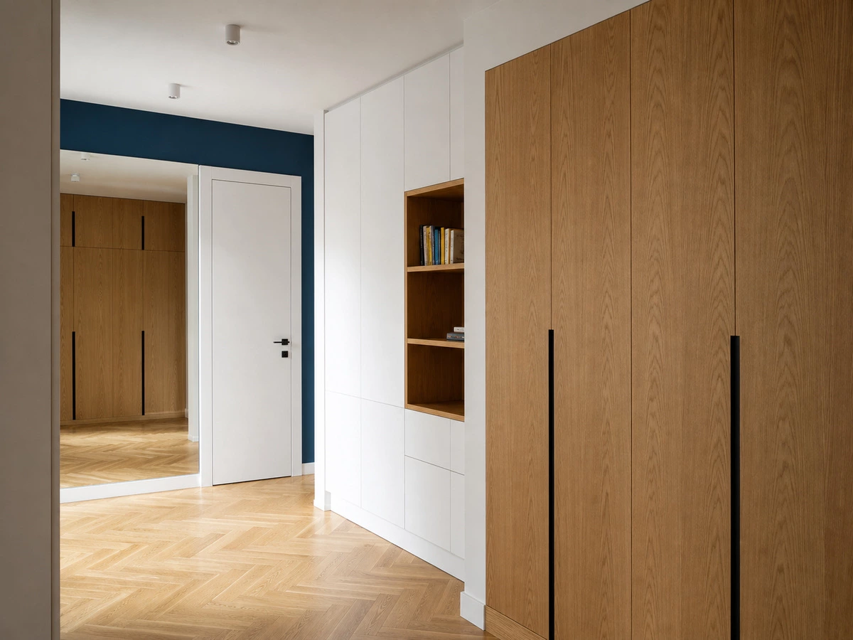 White and wood whole-home cabinetry coordinated across the Singapore apartment