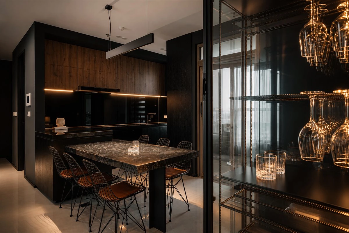 Wood veneer kitchen diner with black quartz countertop and glass wine cabinet