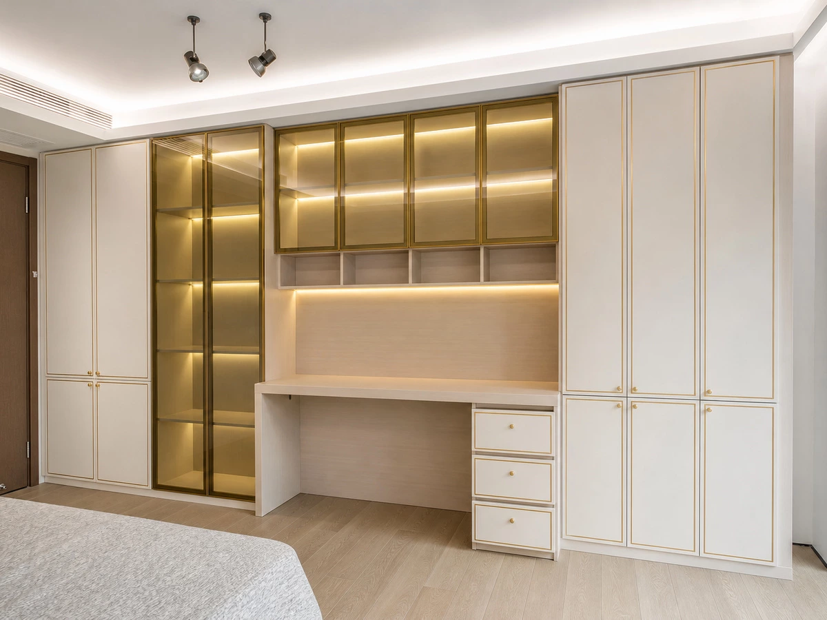 Daughter bedroom wardrobe, glass cabinet and desk in the Shenzhen apartment