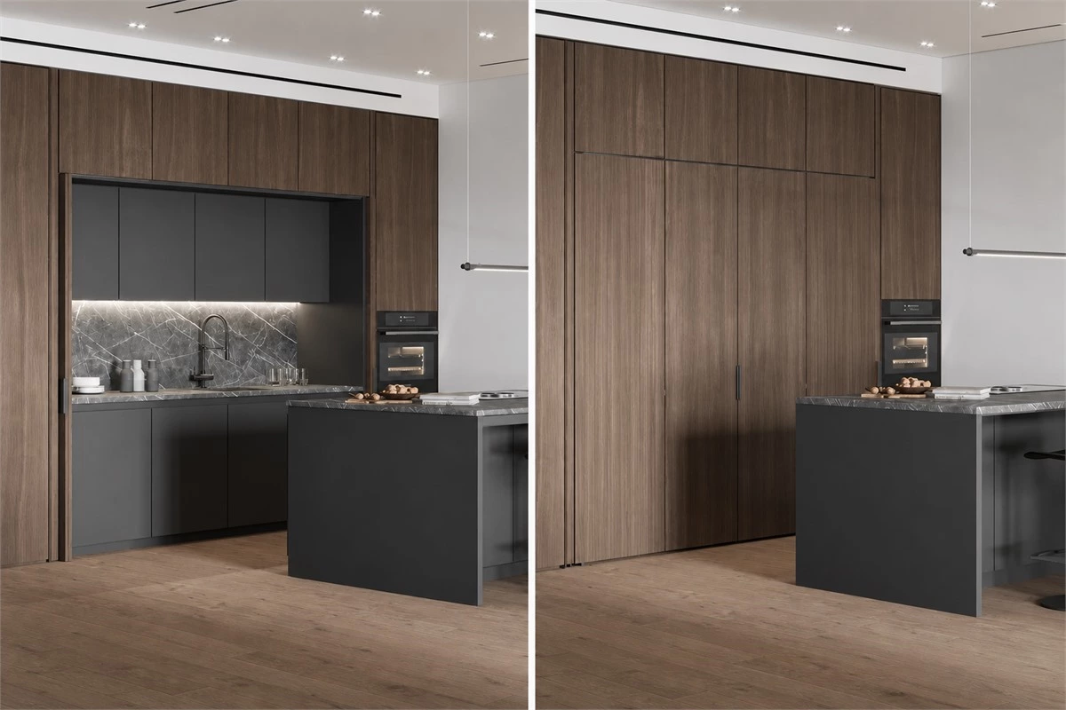 Modern black and wood kitchen cabinets with stone surfaces island and pocket door