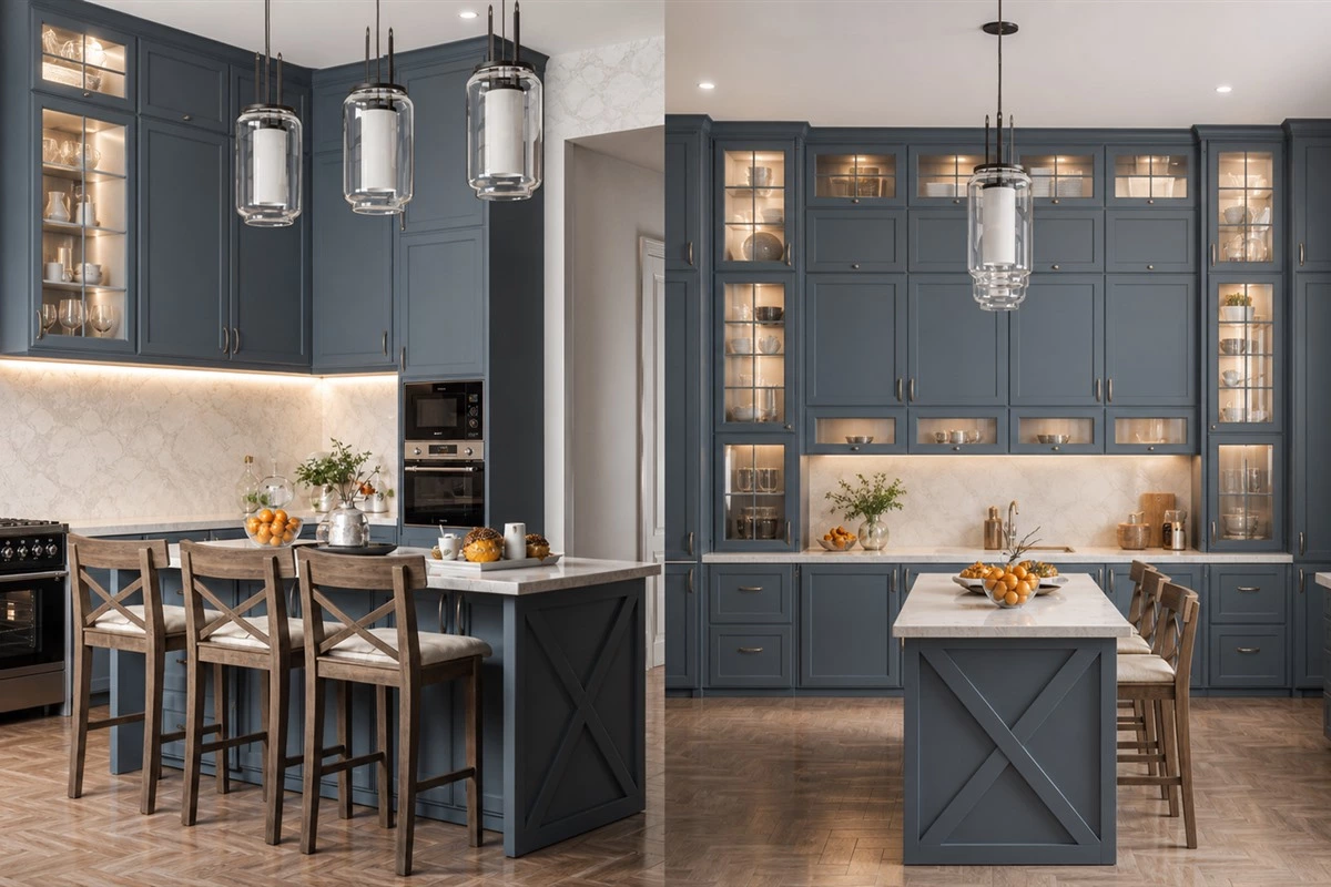 Blue-grey Shaker kitchen cabinets with wood, marble and glass display cabinets
