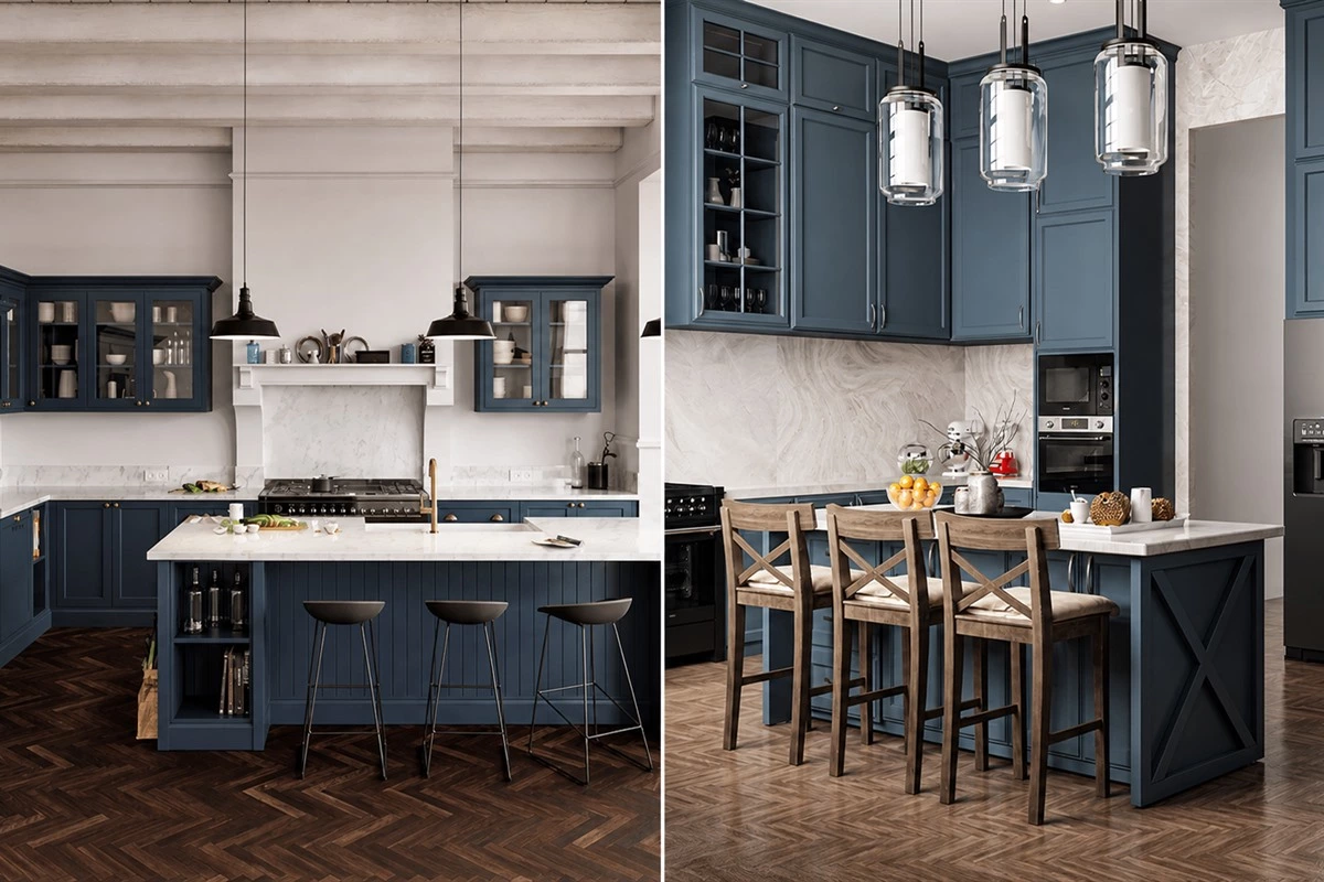 Blue kitchen cabinets with metallic hardware and timeless white accents