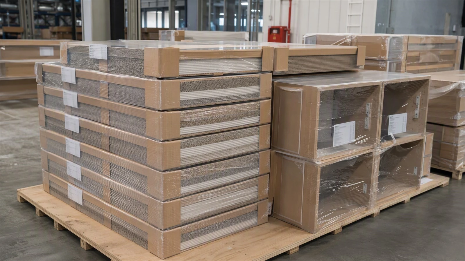 Export-packed custom kitchen cabinets with corner protection, clear room labels, packing list, and moisture-control preparation