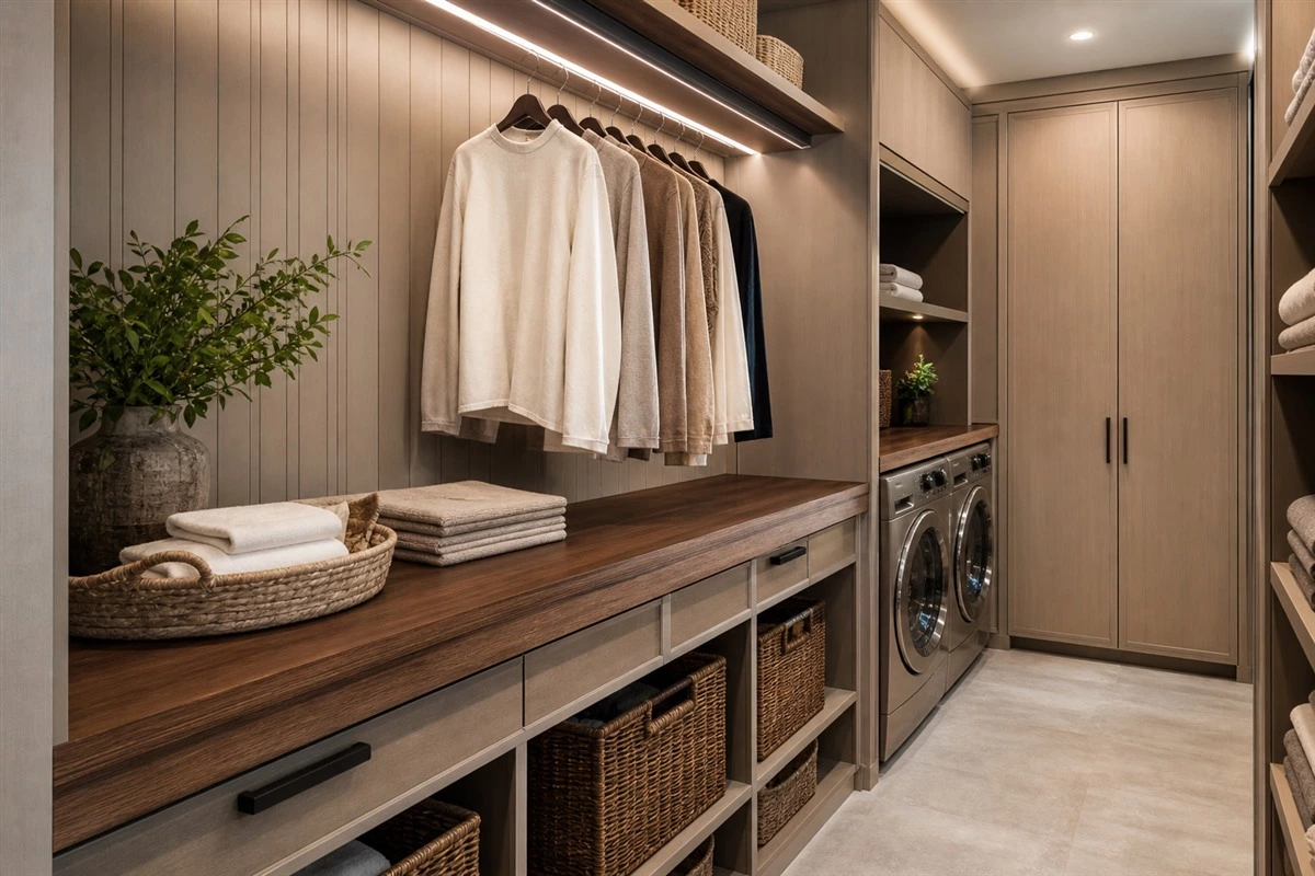 Walk-in closet laundry folding counter with hanging rail and storage