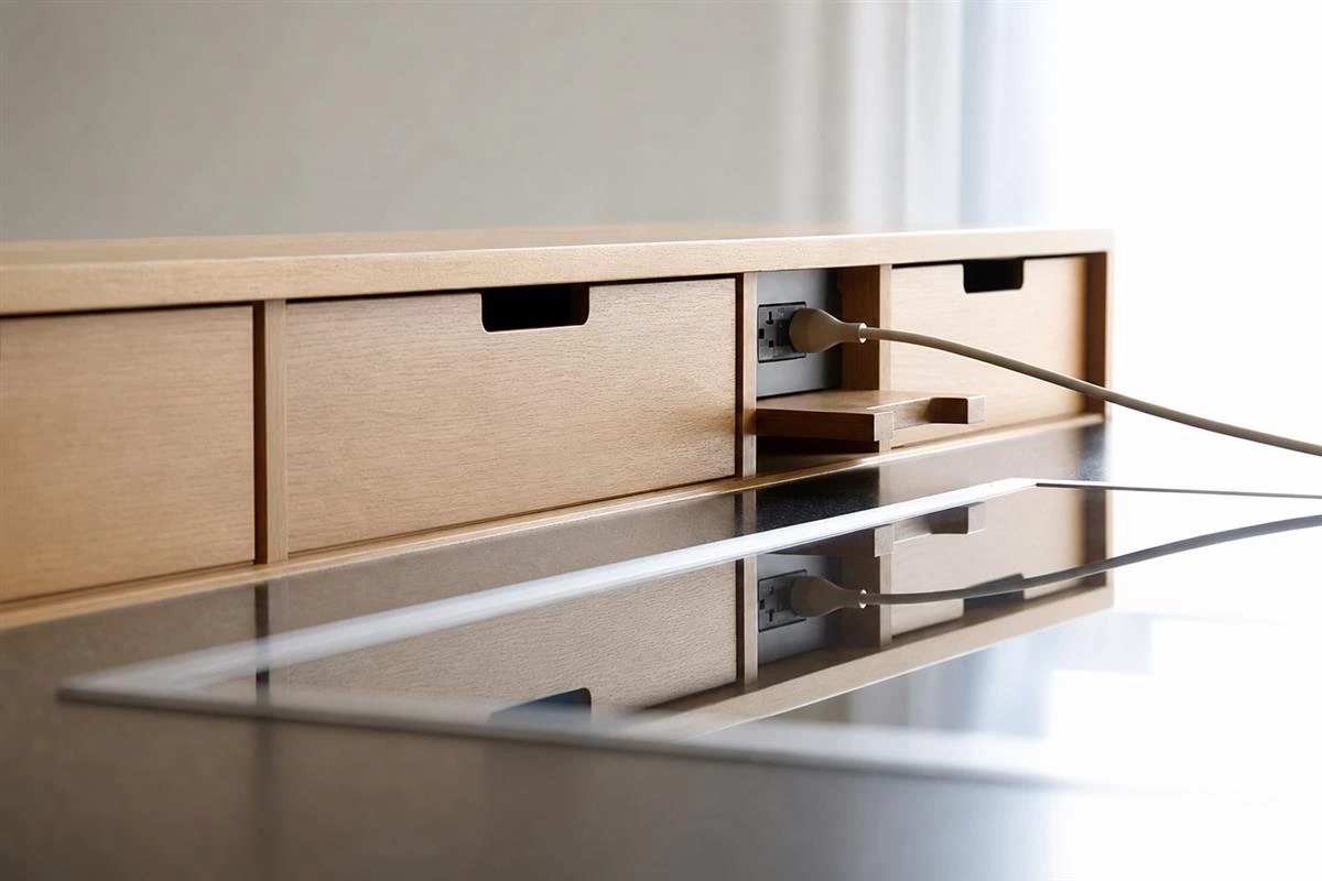 Concealed kitchen power outlet integrated into a countertop