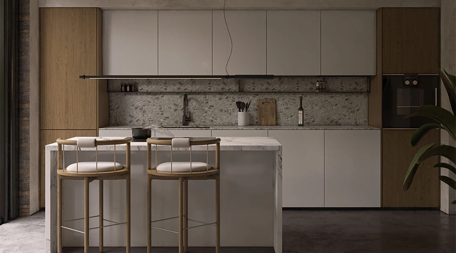 Courtyard Connected Open Kitchen With Island | A Minimal Living Space