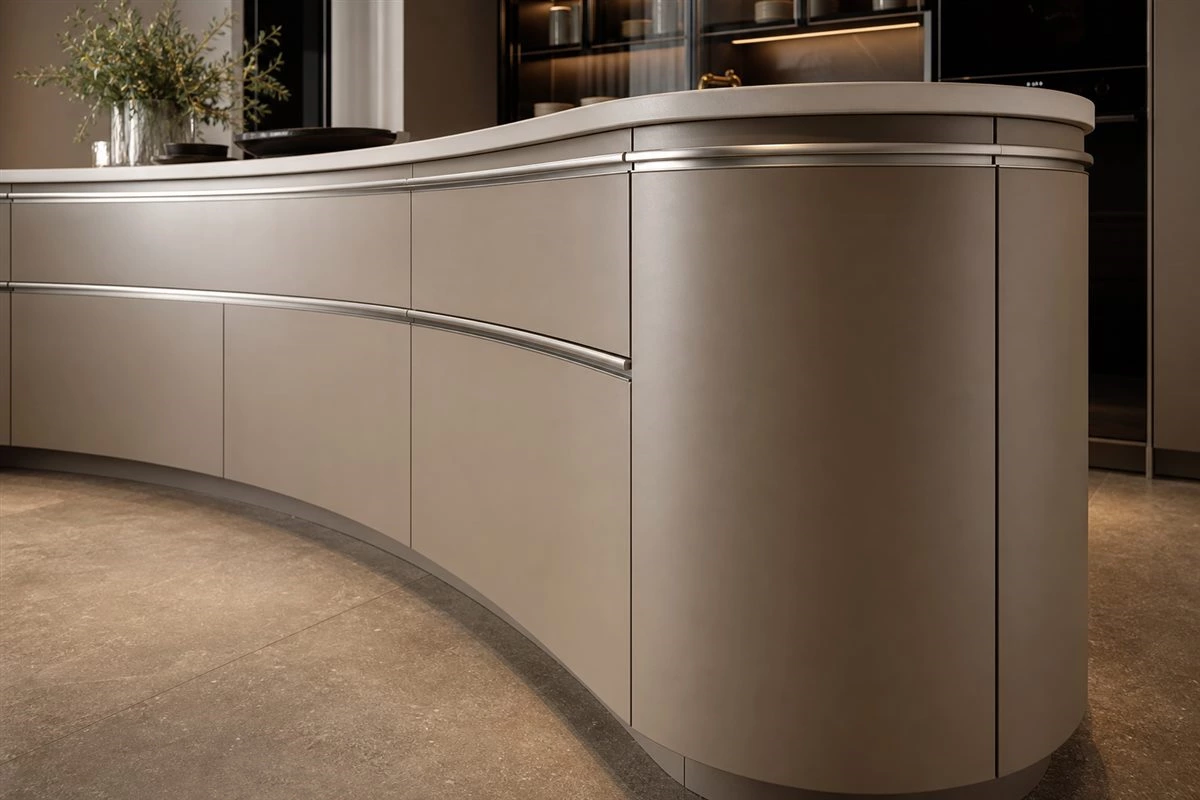 Curved kitchen cabinet doors with arc-shaped panels