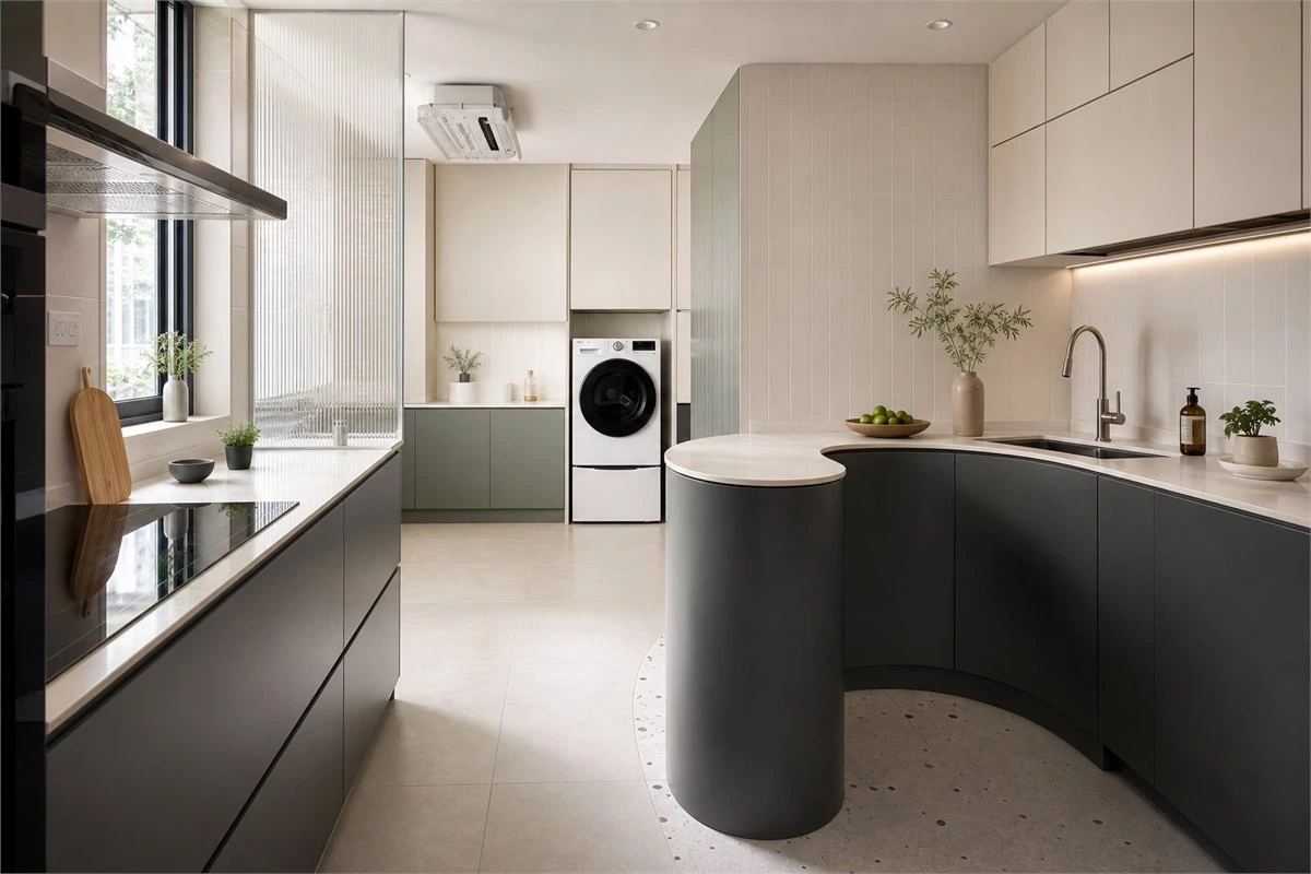 Curved kitchen counter with custom cabinets for improved circulation