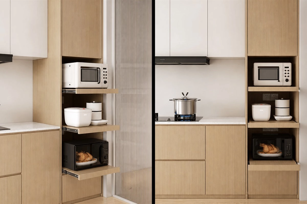 Deep kitchen cabinet with full extension pull-out shelving