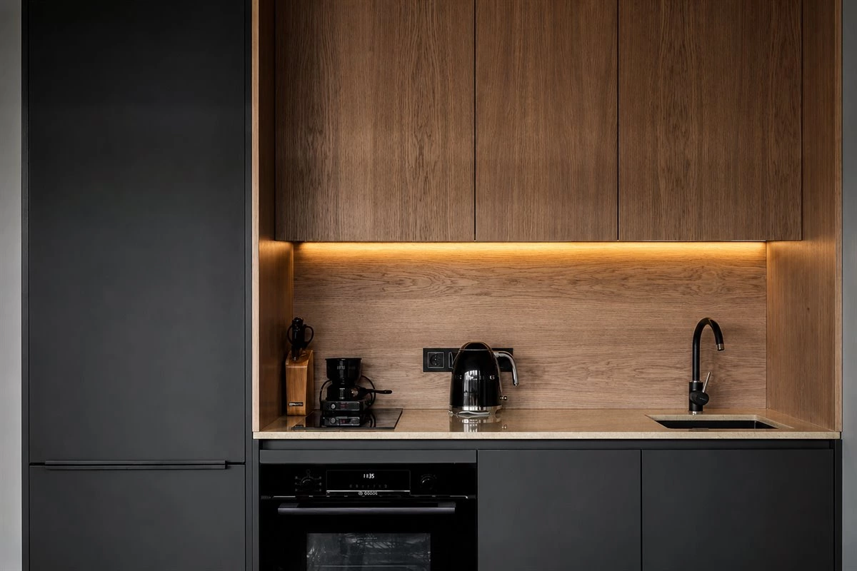 Dining sideboard coffee station with appliance counter and wall cabinets