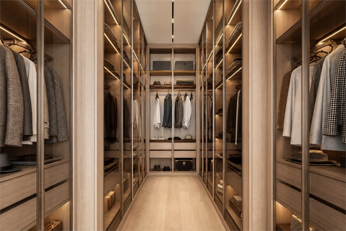Double-sided walk-in closet layout in a corridor with wardrobe storage