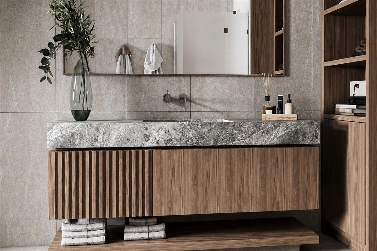 Durable bathroom vanity materials with integrated sink and soft close hardware