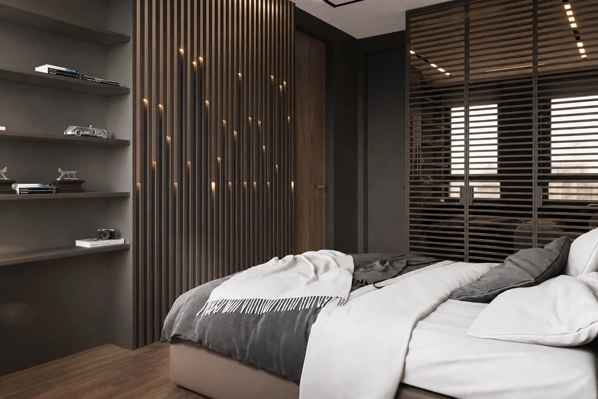 Fluted partition screen dividing an open-plan interior