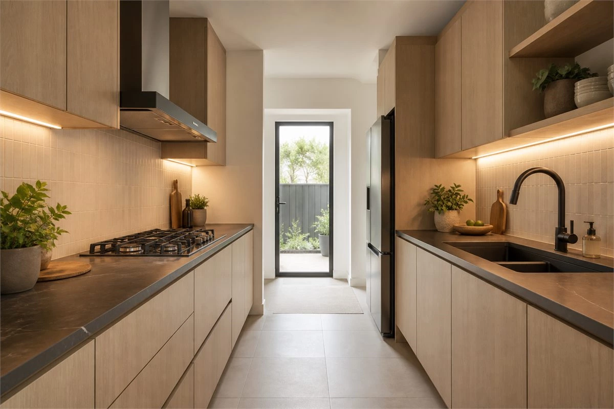 Galley kitchen layout with refrigerator sink and stove workflow