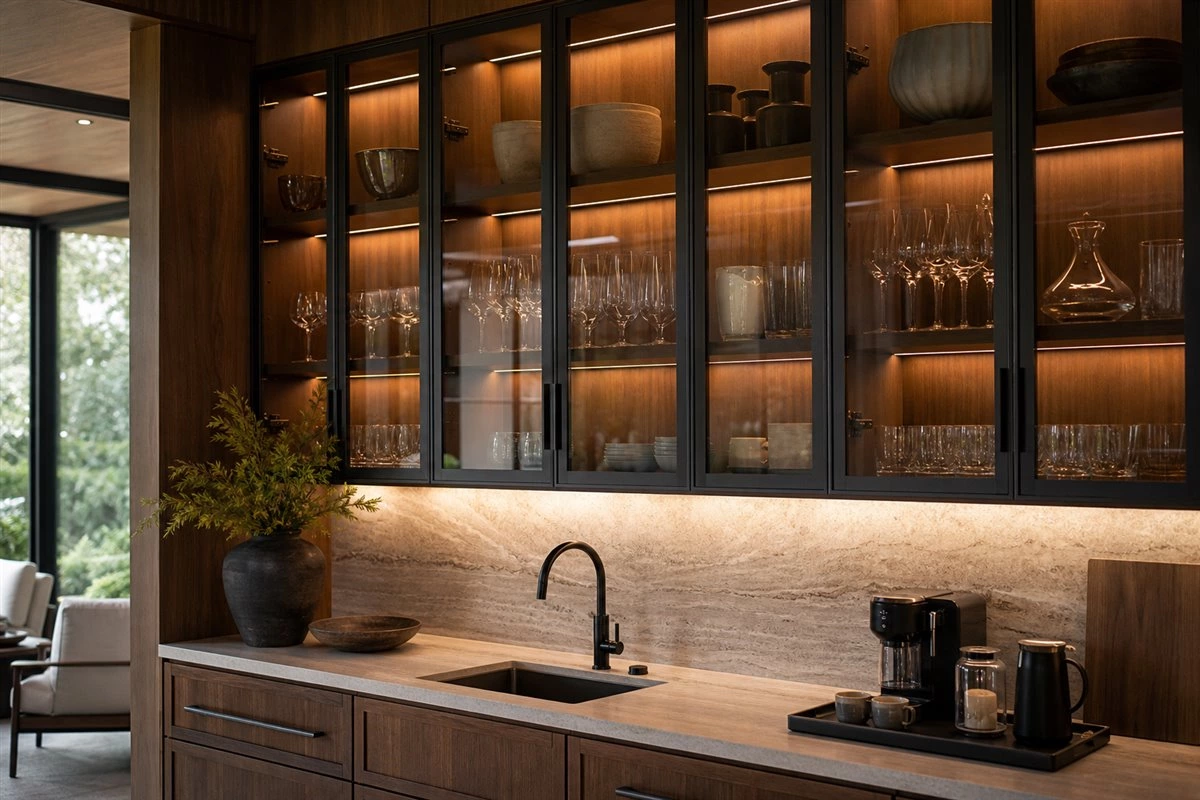 Smoked glass-front kitchen cabinet doors with warm interior lighting