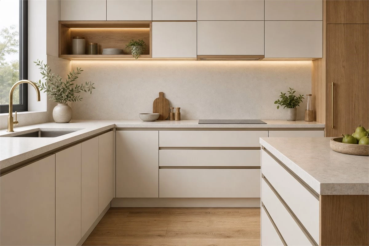 Modern kitchen cabinets with integrated Gola profile handles