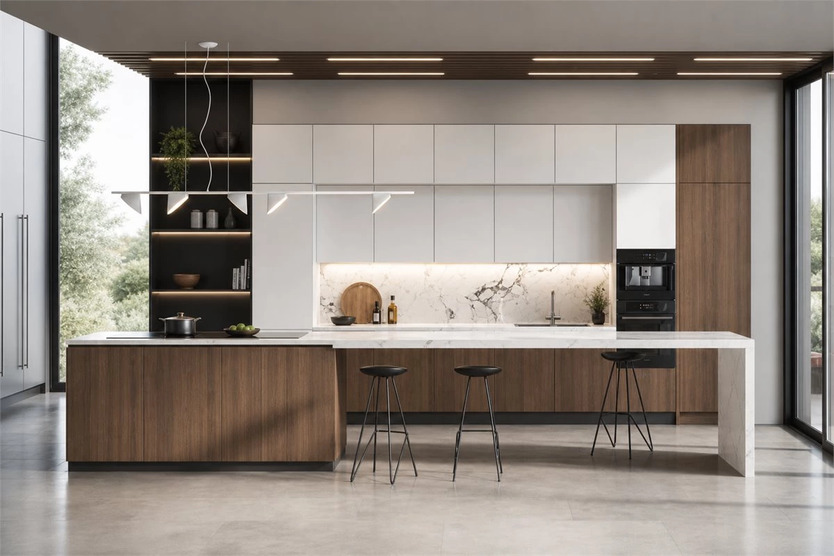 Handleless Wood and Tactile Kitchen Cabinets Handleless integrated kitchen cabinets with tactile finish and wood panels
