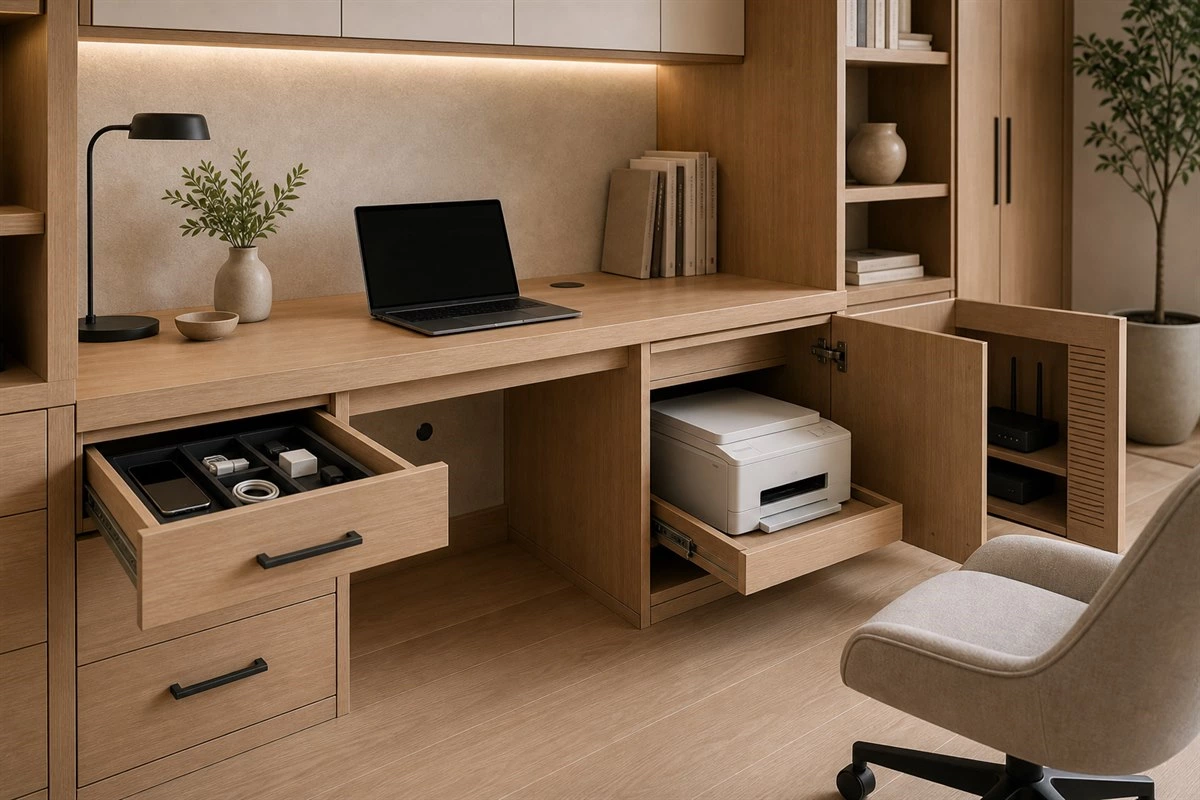 custom home office cabinets with hidden cables charging drawer and printer storage