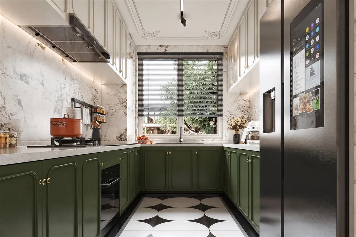 Custom kitchen cabinet details with interior lighting and practical hardware