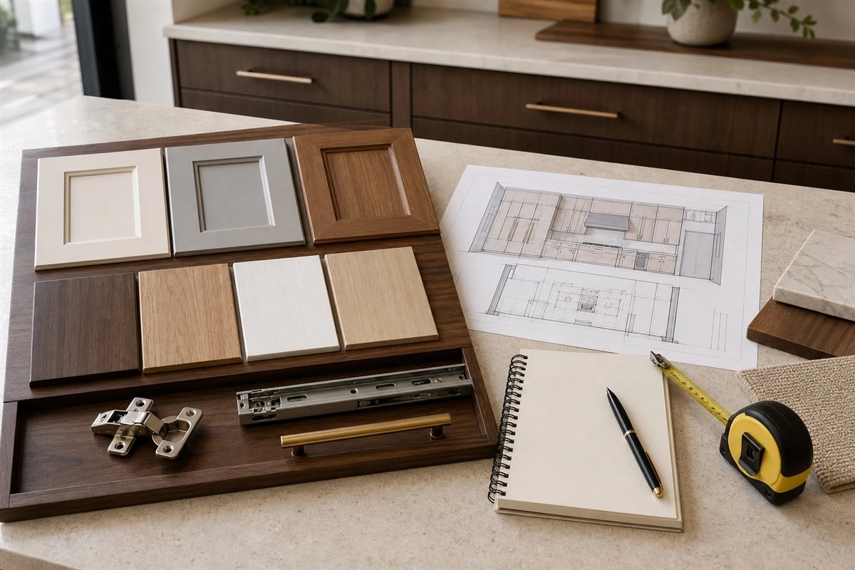 Custom kitchen cabinet buyer reviewing warranty questions and specification documents
