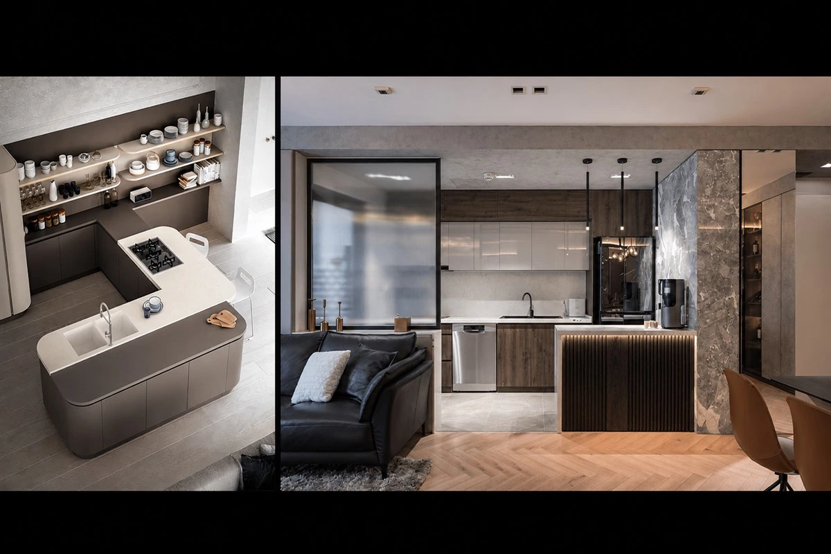 Kitchen peninsula connected to cabinetry for compact layouts