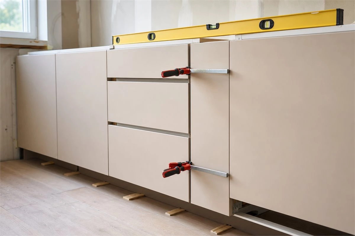Modern kitchen base cabinets being leveled joined with clamps and adjusted with shims