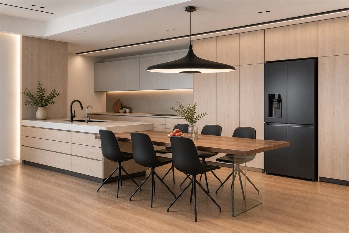 Light wood open kitchen diner with cement gray cabinets and stone countertops