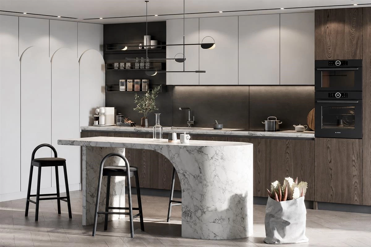 Linear kitchen cabinet layout with stone bar counter