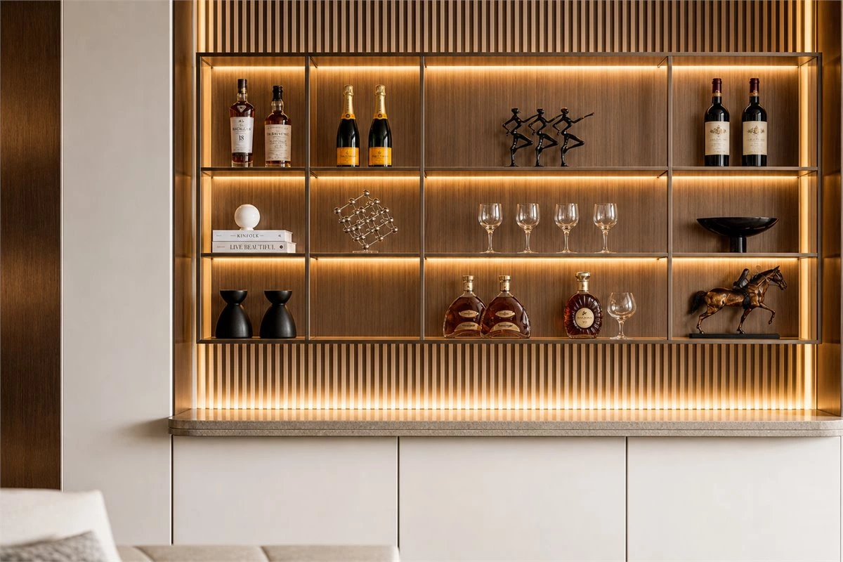 Living Room Wine Cabinet With Integrated Wall Storage Living room wine cabinet integrated with wall panels and display shelves