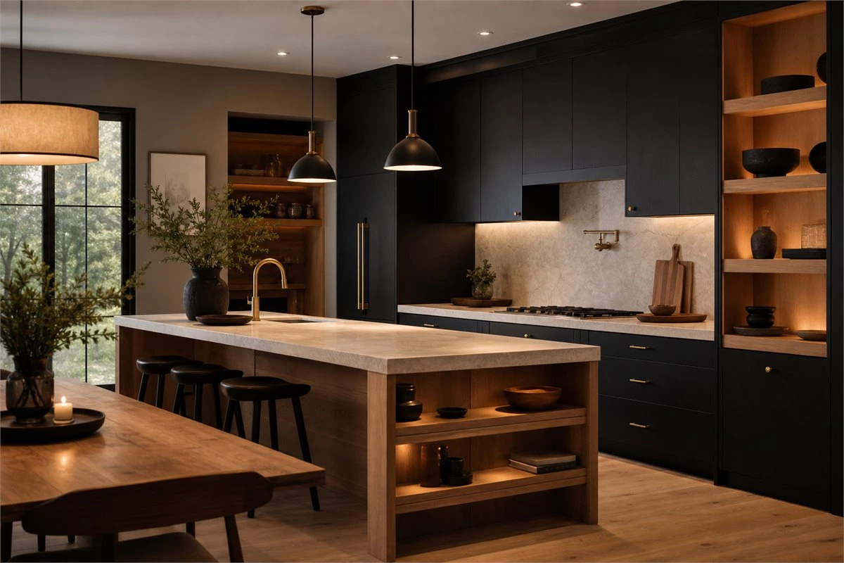 Luxury black kitchen with matte cabinets, warm lighting, and refined material details
