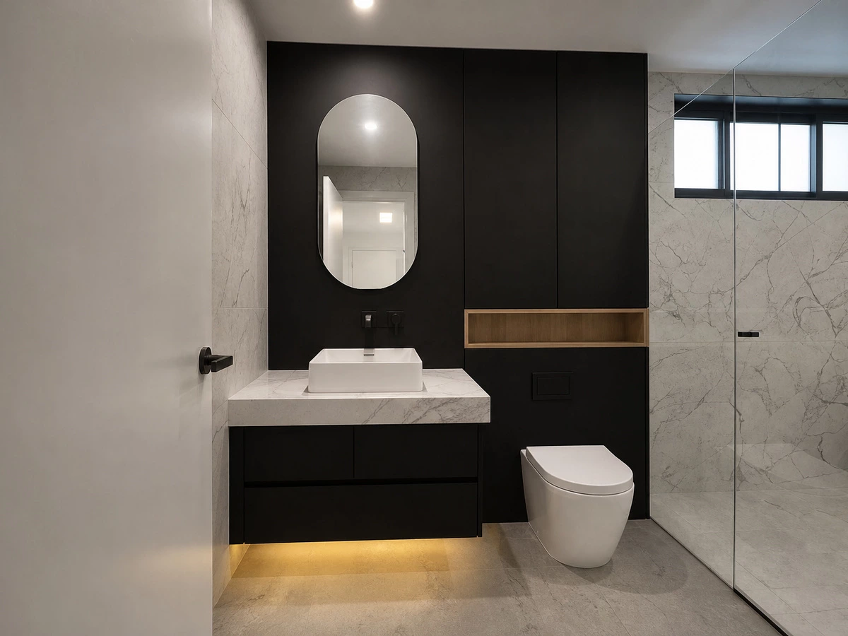 Coordinated bathroom vanity with dark cabinetry in the Sydney duplex villa