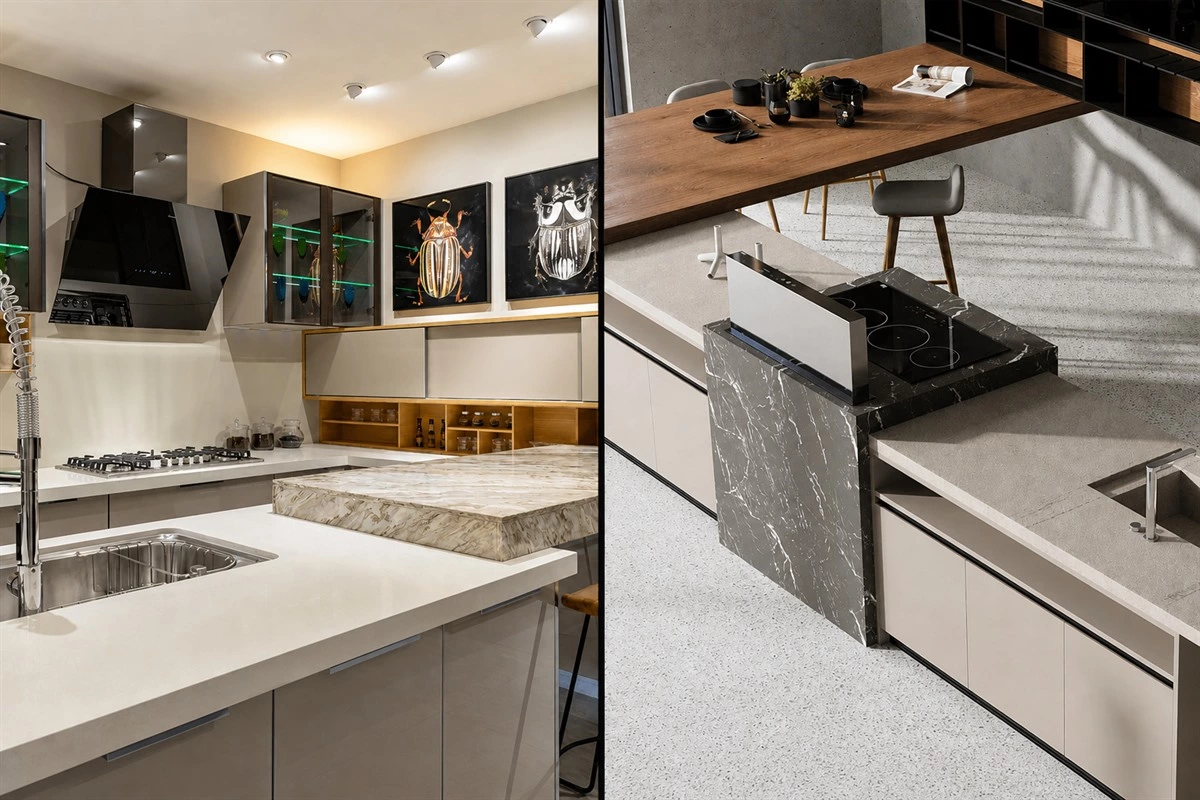 Mixed material kitchen countertop combining stone and wood surfaces