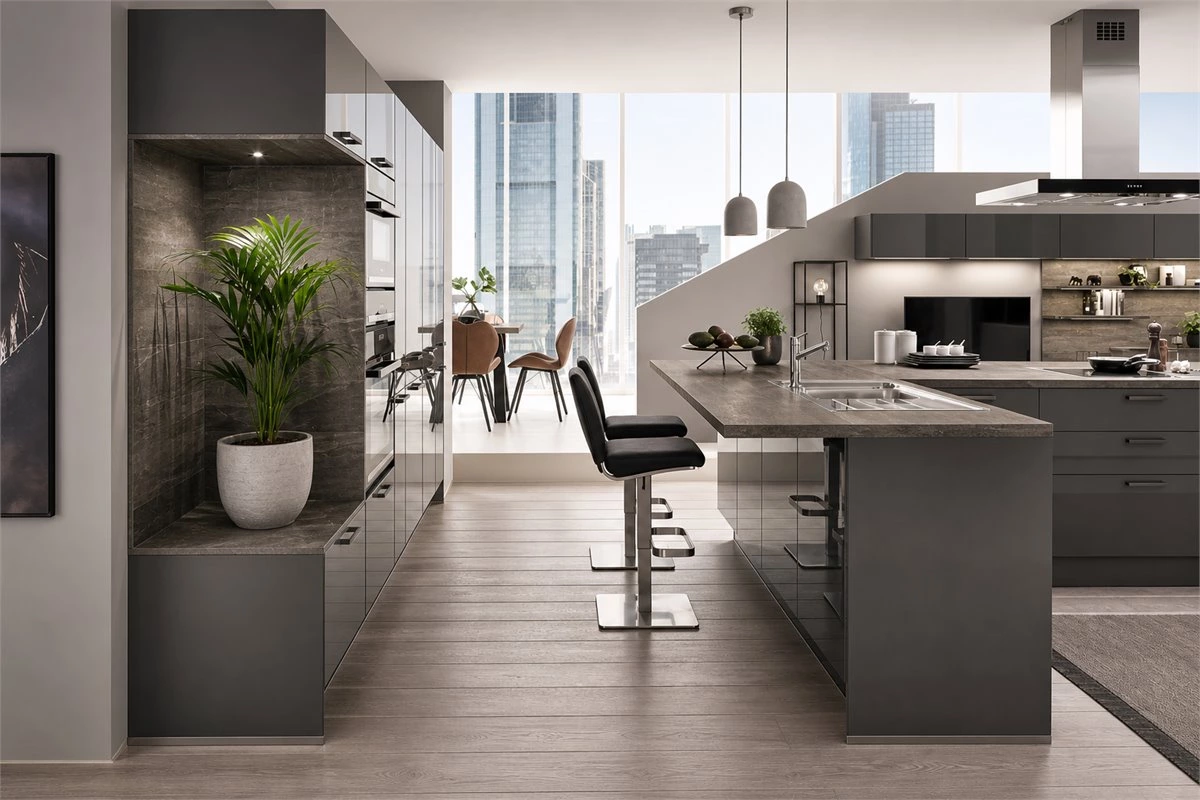 Modern kitchen island with cabinet storage, countertop workspace, and seating