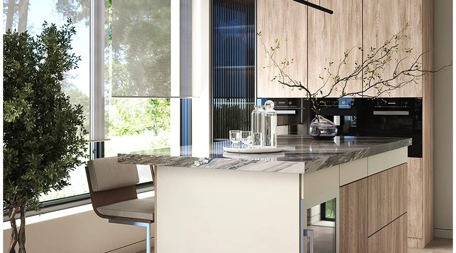 Sage Green Handleless Kitchen Cabinets with Sintered Stone