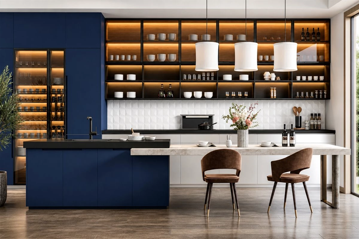 Open kitchen and dining sideboard design Open kitchen dining sideboard with island and warm dining lighting