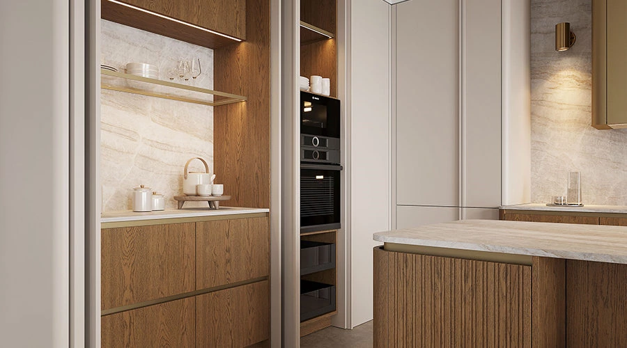Pocket Door Bar Cabinet | Minimalist Luxury Kitchen Design