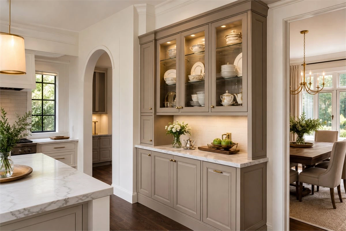 Prep pantry kitchen storage with china display cabinets between kitchen and dining area