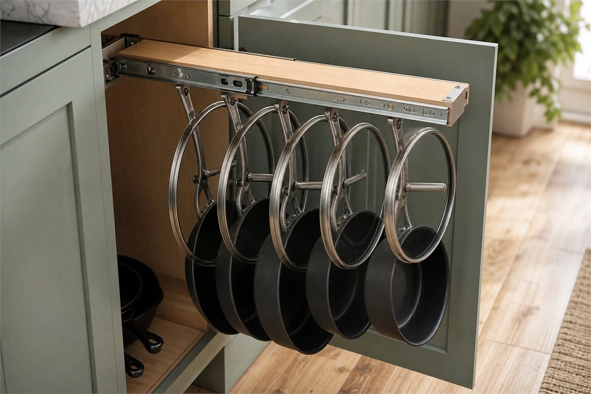 Pull-out cookware base cabinet storage with organized frying pans