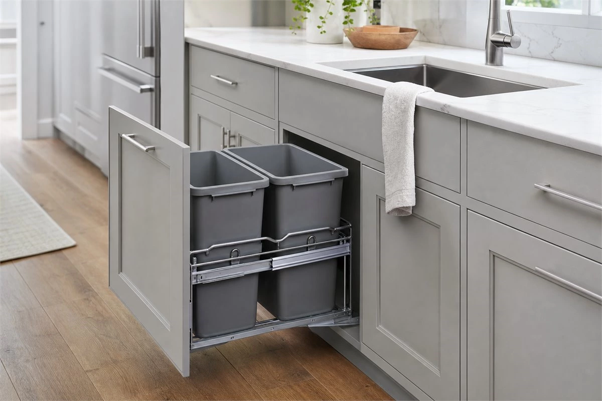 Pull-out kitchen waste and recycling bins beside a modern sink cabinet